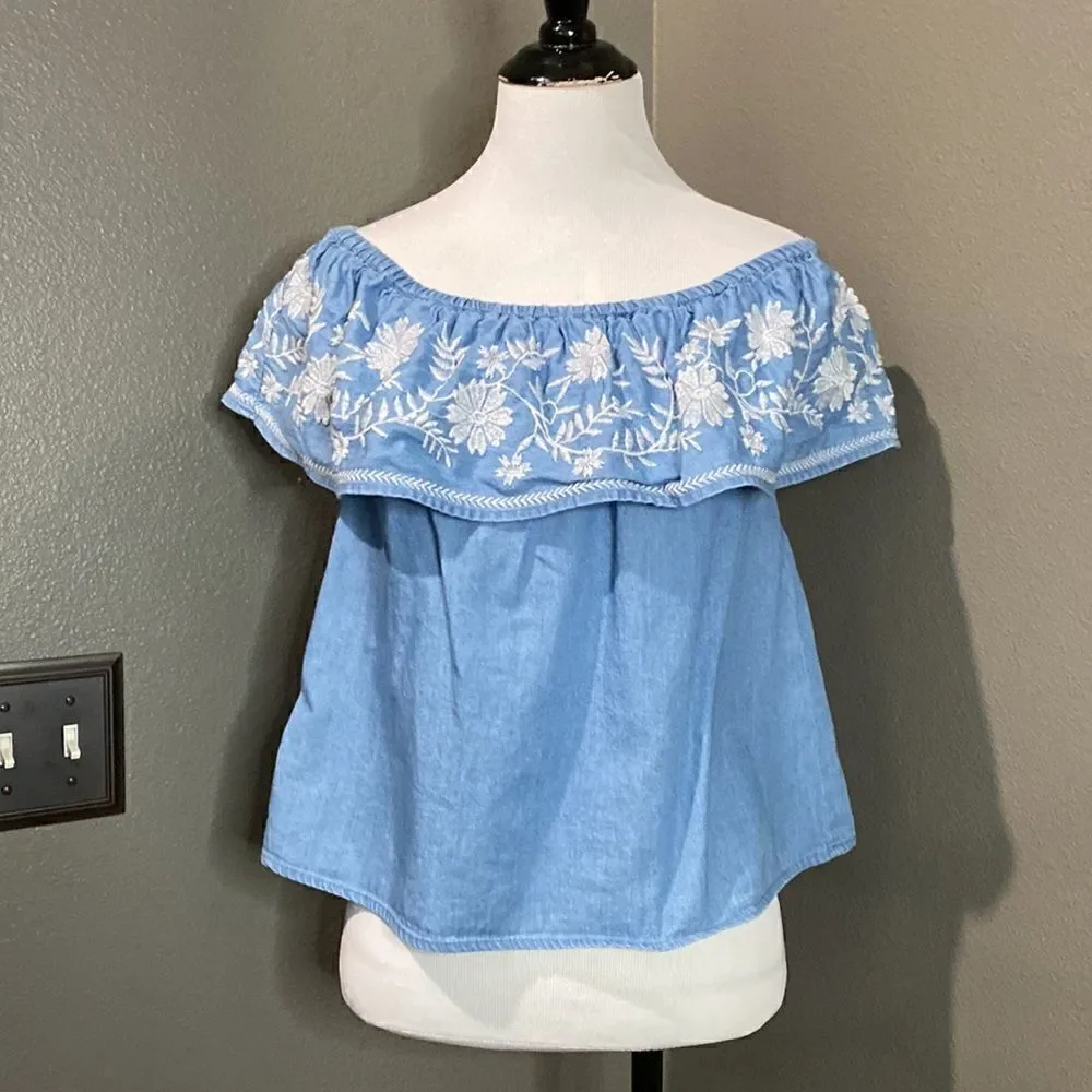 Forever 21 Off Shoulder Blouse White Floral Embroidery Chambray Denim Top